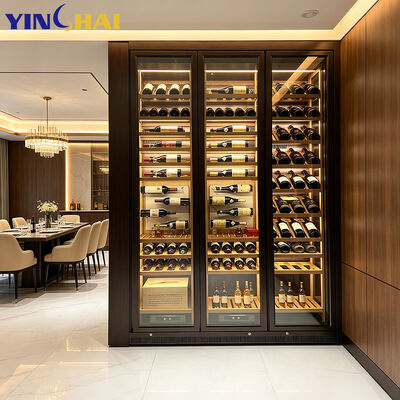 Quality  Stainless Steel 3 Door Wine Cabinet Dark Frame LED Glass Wine Storage Rac factory