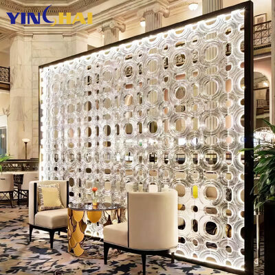 Hotel Restaurant Decoration Project Partition Wall Divider with 6 Fans Stainless Steel Gold Glass Mirror Room Divider