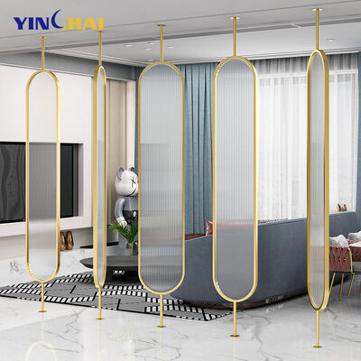 Custom Modern Rotatable Glass Metal Stainless Steel Screen Partition for Living Room Salon Divider in Champagne Gold