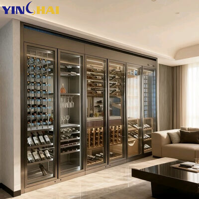 Stainless Steel LED Wine Cabinet with Glass Doors Freestanding Wine Storage Unit