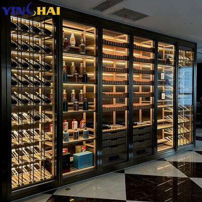 Black Glass Door Wine Cabinet with LED Lighting Multi-Tier Liquor Storage