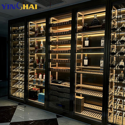 Black Glass Door Wine Cabinet with LED Lighting Multi-Tier Liquor Storage