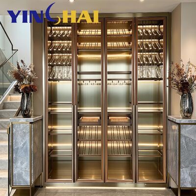Custom Gold Stainless Steel Constant Temp LED Wine Display Cabinet