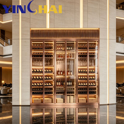 Custom Rose Gold Stainless Steel Constant Temp Wine Cabinet LED Oak Wine Storage Cabinet