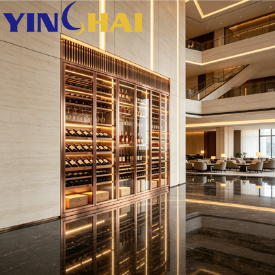 Custom Rose Gold Stainless Steel Constant Temp Wine Cabinet LED Oak Wine Storage Cabinet