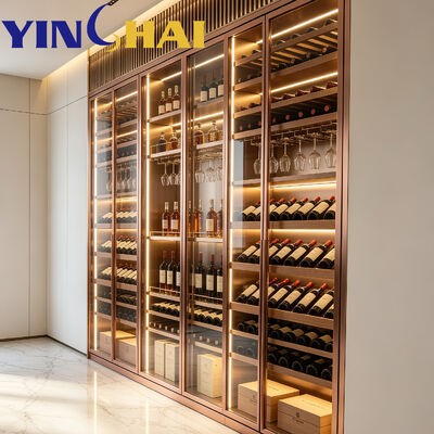 Custom Rose Gold Stainless Steel Constant Temp Wine Cabinet LED Oak Wine Storage Cabinet