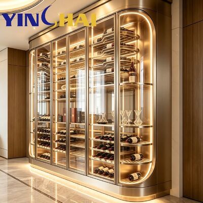 Curved Champagne Gold Stainless Steel Constant Temperature Wine Cabinet App Control