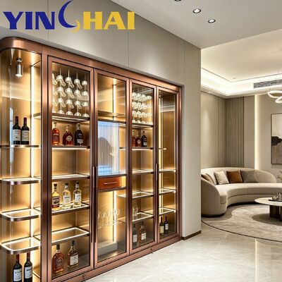 Curved Rose Gold Stainless Steel Wine Display Cabinet With LED Light