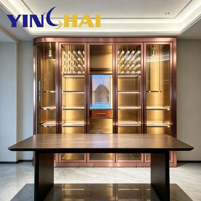 Curved Rose Gold Stainless Steel Wine Display Cabinet With LED Light