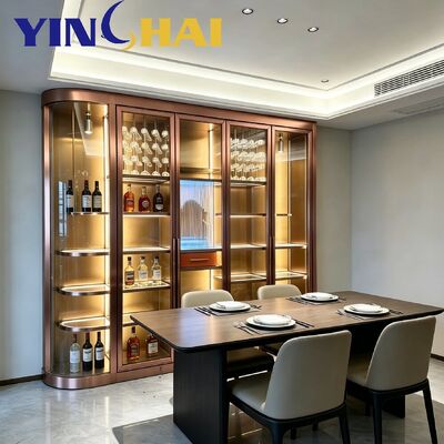 Curved Rose Gold Stainless Steel Wine Display Cabinet With LED Light