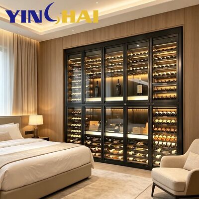 Freestanding Wine Cooler Brushed Gold Frame Integrated Bar Counter Luxury Wine Display Cabinet