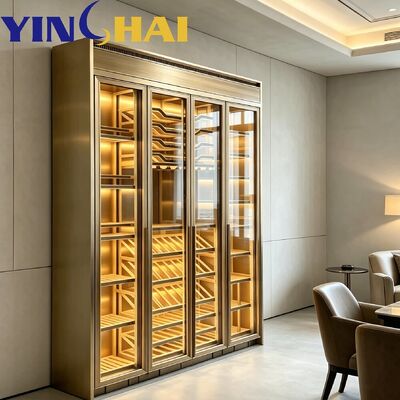 Custom Gold Stainless Steel Wine Cabinet Constant Temp APP Control Oak Racks