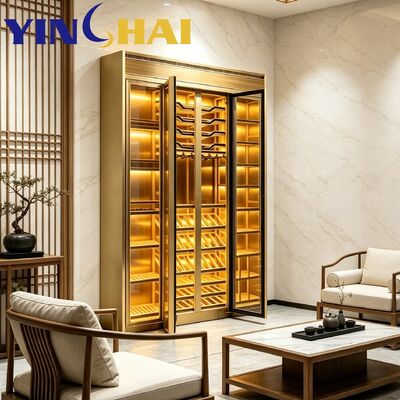 Custom Gold Stainless Steel Wine Cabinet Constant Temp APP Control Oak Racks