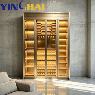 Custom Gold Stainless Steel Wine Cabinet Constant Temp APP Control Oak Racks