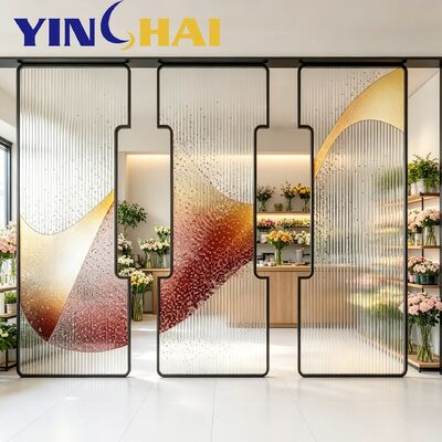 Custom Stainless Steel Divider Screen with Vertical Rippled Gradient Decorative Glass