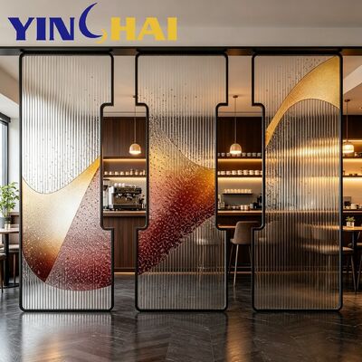Custom Stainless Steel Divider Screen with Vertical Rippled Gradient Decorative Glass