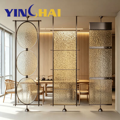 Custom Stainless Steel Divider Screen with Vertical Rippled Gradient Decorative Glass