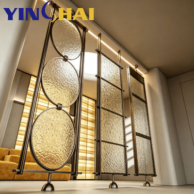 Custom Stainless Steel Divider Screen with Vertical Rippled Gradient Decorative Glass