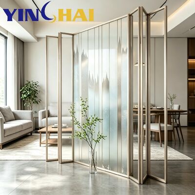 Champagne Gold Folding Screen With Gradient Mountain Art Glass Partition
