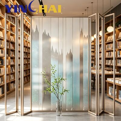 Champagne Gold Folding Screen With Gradient Mountain Art Glass Partition