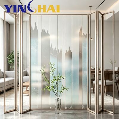 Champagne Gold Folding Screen With Gradient Mountain Art Glass Partition