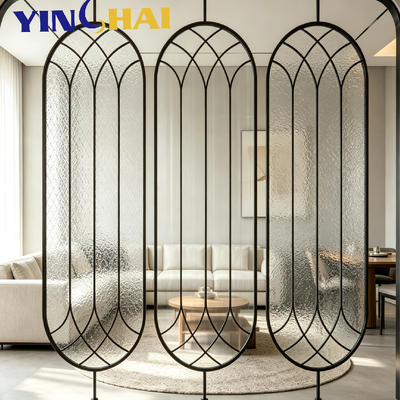 Black Frame Oval Water Ripple Glass Partition For Cafe & Restaurant