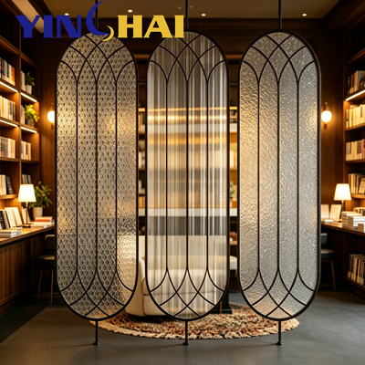 Black Frame Oval Water Ripple Glass Partition For Cafe & Restaurant