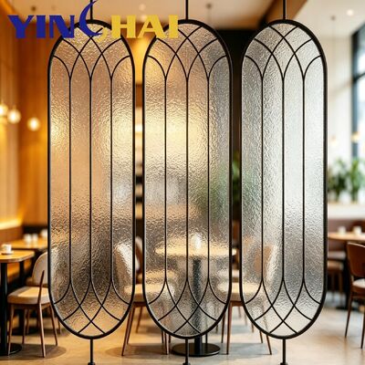 Black Frame Oval Water Ripple Glass Partition For Cafe & Restaurant