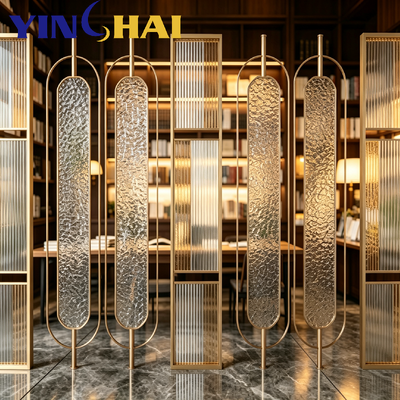 Luxury Combined Vertical Textured Glass Partition Screen With Stainless Steel Frame