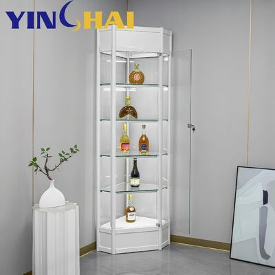 Custom Stainless Steel Rotating Corner Glass Wine Cabinet With LED Lighting
