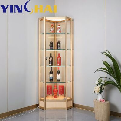 Custom Stainless Steel Rotating Corner Glass Wine Cabinet With LED Lighting