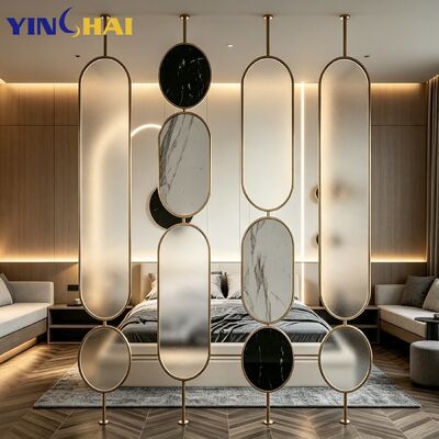 Custom Stainless Steel Golden Frame Oval Frosted Glass Marble Slice Partition 