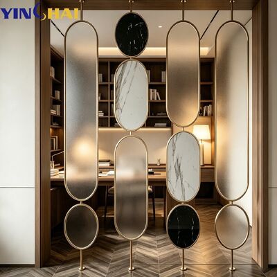 Custom Stainless Steel Golden Frame Oval Frosted Glass Marble Slice Partition 