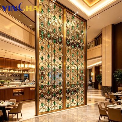 Stainless Steel Golden Frame Geometric Grid Inlaid Emerald Crystal Decorative Screen Partition 