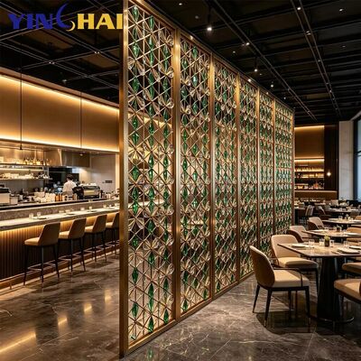 Stainless Steel Golden Frame Geometric Grid Inlaid Emerald Crystal Decorative Screen Partition 
