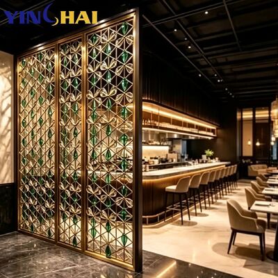 Stainless Steel Golden Frame Geometric Grid Inlaid Emerald Crystal Decorative Screen Partition 