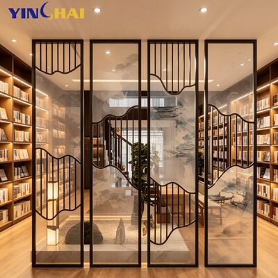 Custom Stainless Steel Room Divider Screen Chinese Style Art Glass Partition