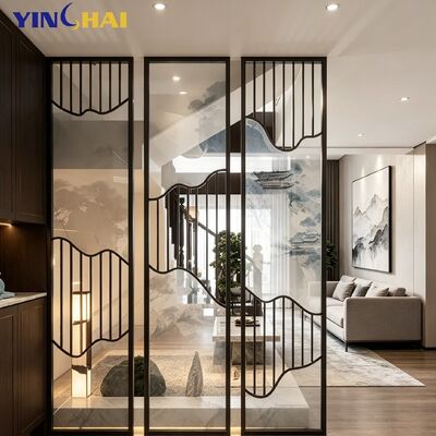 Custom Stainless Steel Room Divider Screen Chinese Style Art Glass Partition