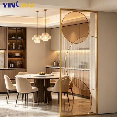 Custom Stainless Steel Screen Partition With Art Circular Metal Frame And Fluted Glass