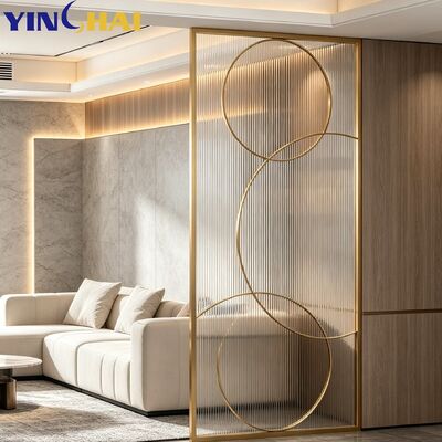 Custom Stainless Steel Screen Partition With Art Circular Metal Frame And Fluted Glass