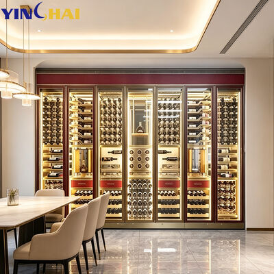 7 Door Full Wall Wine Cellar Gold Frame LED Large Capacity Display