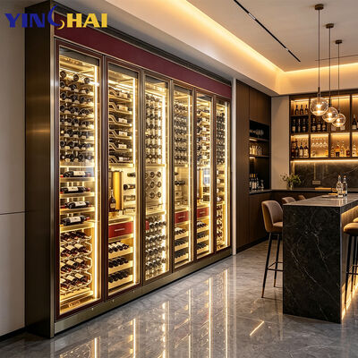 7 Door Full Wall Wine Cellar Gold Frame LED Large Capacity Display