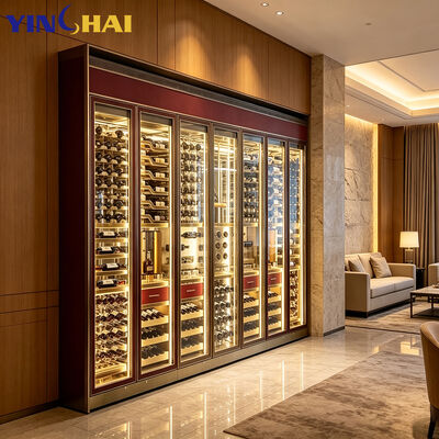 7 Door Full Wall Wine Cellar Gold Frame LED Large Capacity Display