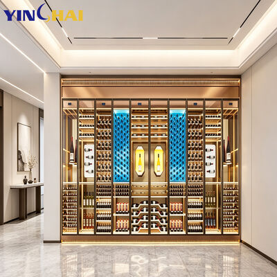 Full Wall Multi Door Wine Cellar Gold Frame LED Large Capacity Display