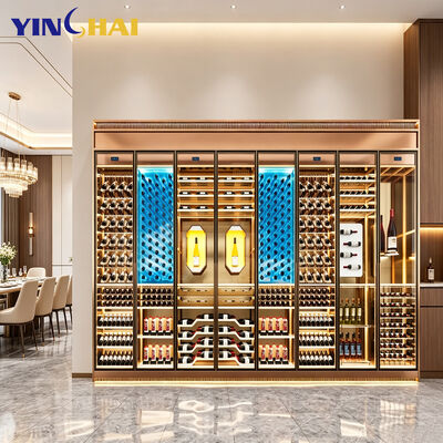 Full Wall Multi Door Wine Cellar Gold Frame LED Large Capacity Display