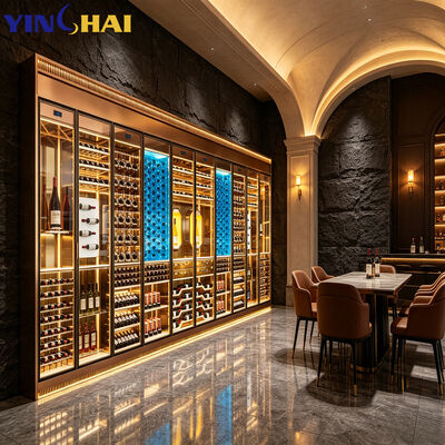 Full Wall Multi Door Wine Cellar Gold Frame LED Large Capacity Display