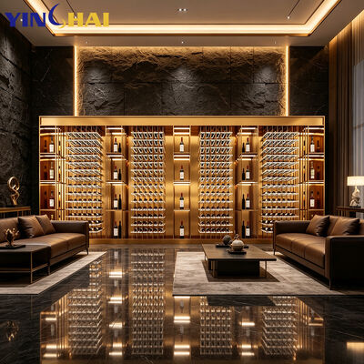 Stainless Steel Full Wall Wine Cabinet Gold Frame LED Large Bottle Storage