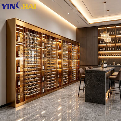 Stainless Steel Full Wall Wine Cabinet Gold Frame LED Large Bottle Storage