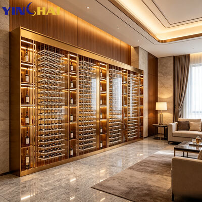 Stainless Steel Full Wall Wine Cabinet Gold Frame LED Large Bottle Storage