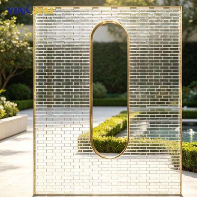 Custom Stainless Steel Screen Partition With Glass Brick And Oval Hollow Frame 